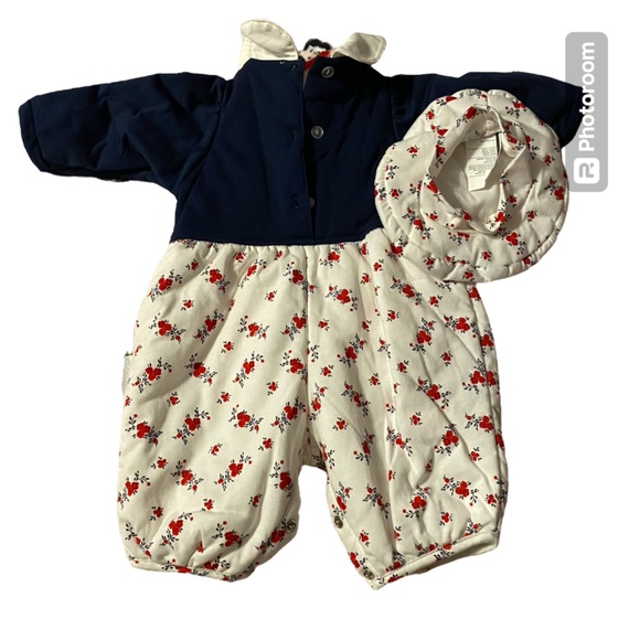 Vitamins Baby Kids Outfit One Piece Floral Jumpsuit Hat Beret Set Size 6/9 Bows - Picture 4 of 5